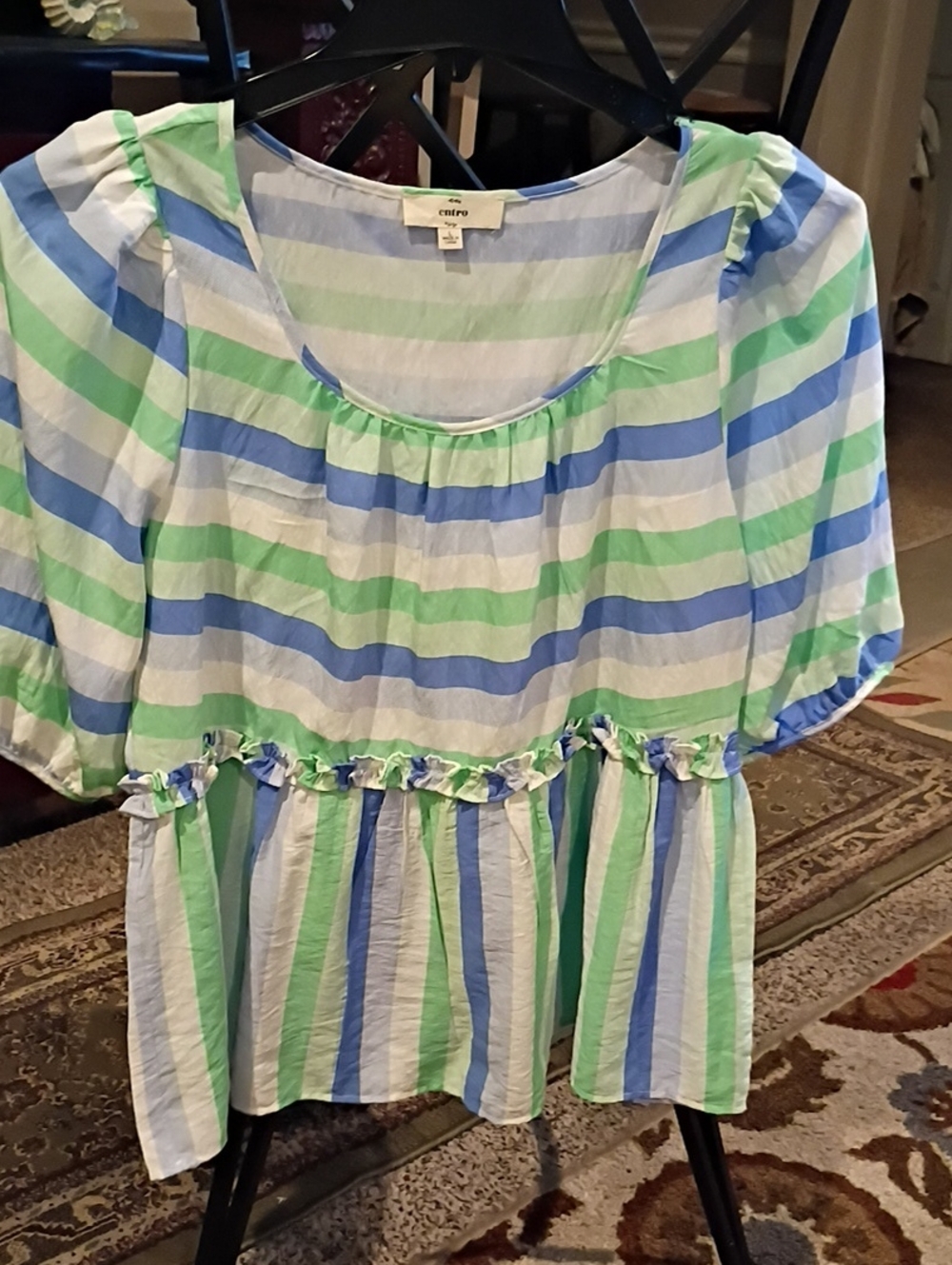 entro Blue, Green & White Striped Blouse with Ruffled Bodice